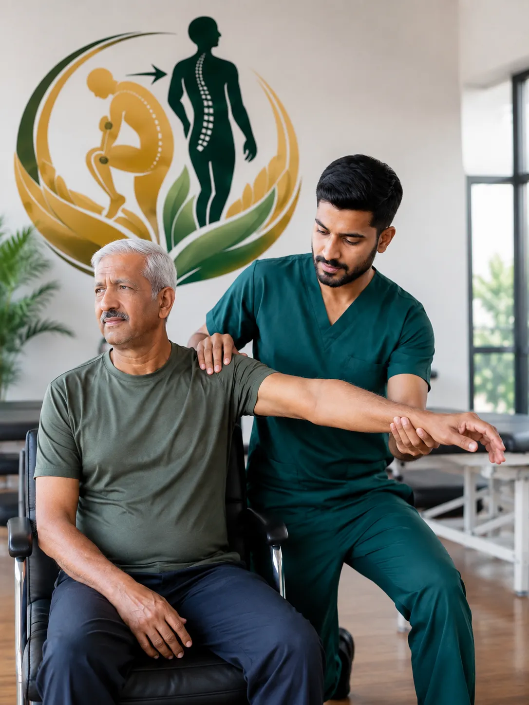 Physiotherapist at Align & Thrive Physiotherapy Clinic guiding a patient through a shoulder mobility exercise